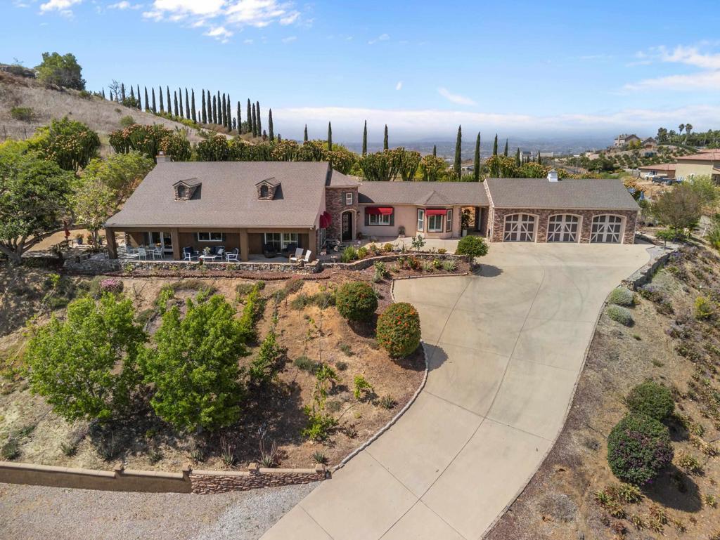 Daytime aerial of the estate and its driveway on the hill