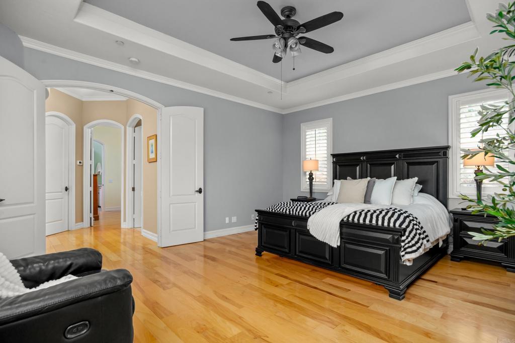 Primary suite with tray ceiling and plantation shutters